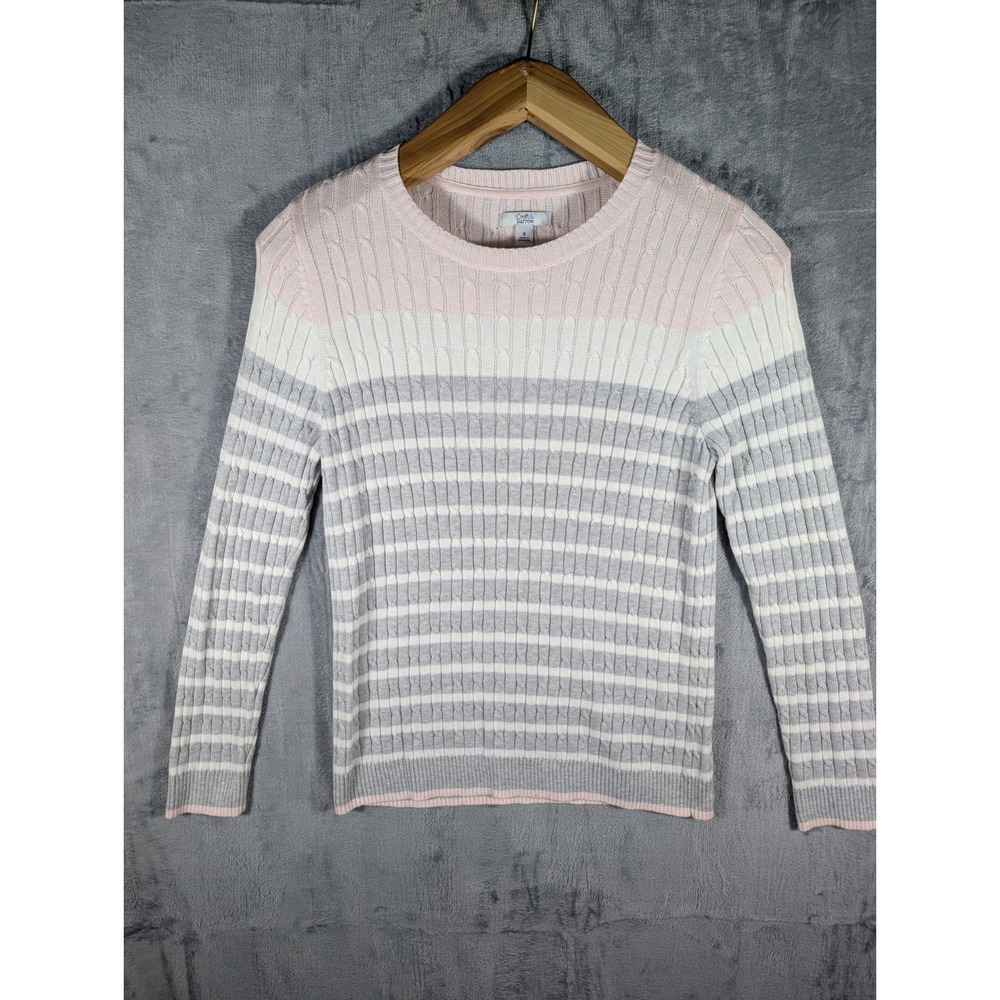 Croft &‎ Barrow Women's Pastel Striped Cable Knit Sweater Pink White Gray Size M